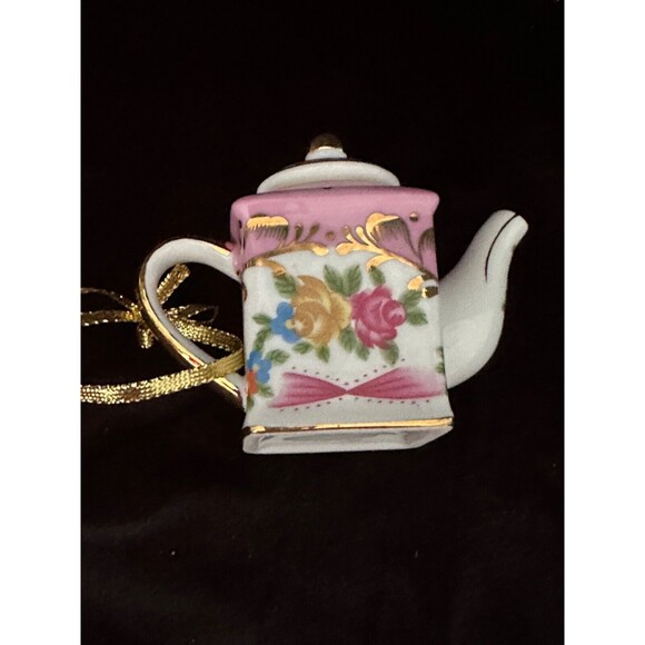 Victoria’s Garden porcelain mini teapot handpainted ornament, gold accents 3” T - Picture 2 of 6